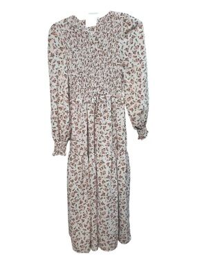 Smocked Floral Long Sleeve Midi Dress - White with Pink Floral